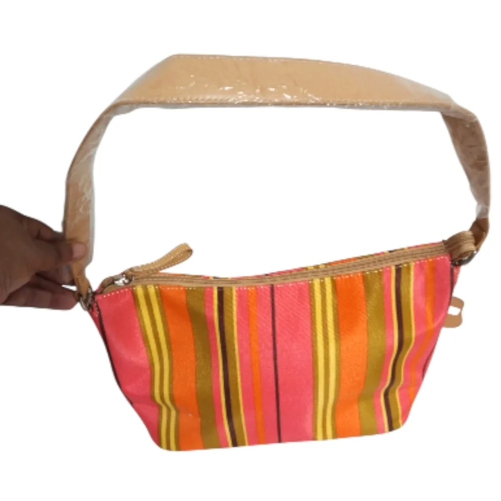 Kate Spade New York Striped Shoulder Bag Pink Orange Canvas Zip Tote